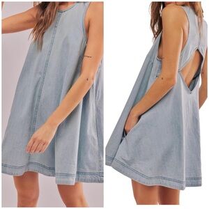 🩵 UTCOCO Light Blue Denim Cutout Back Trapeze Babydoll Mini Dress